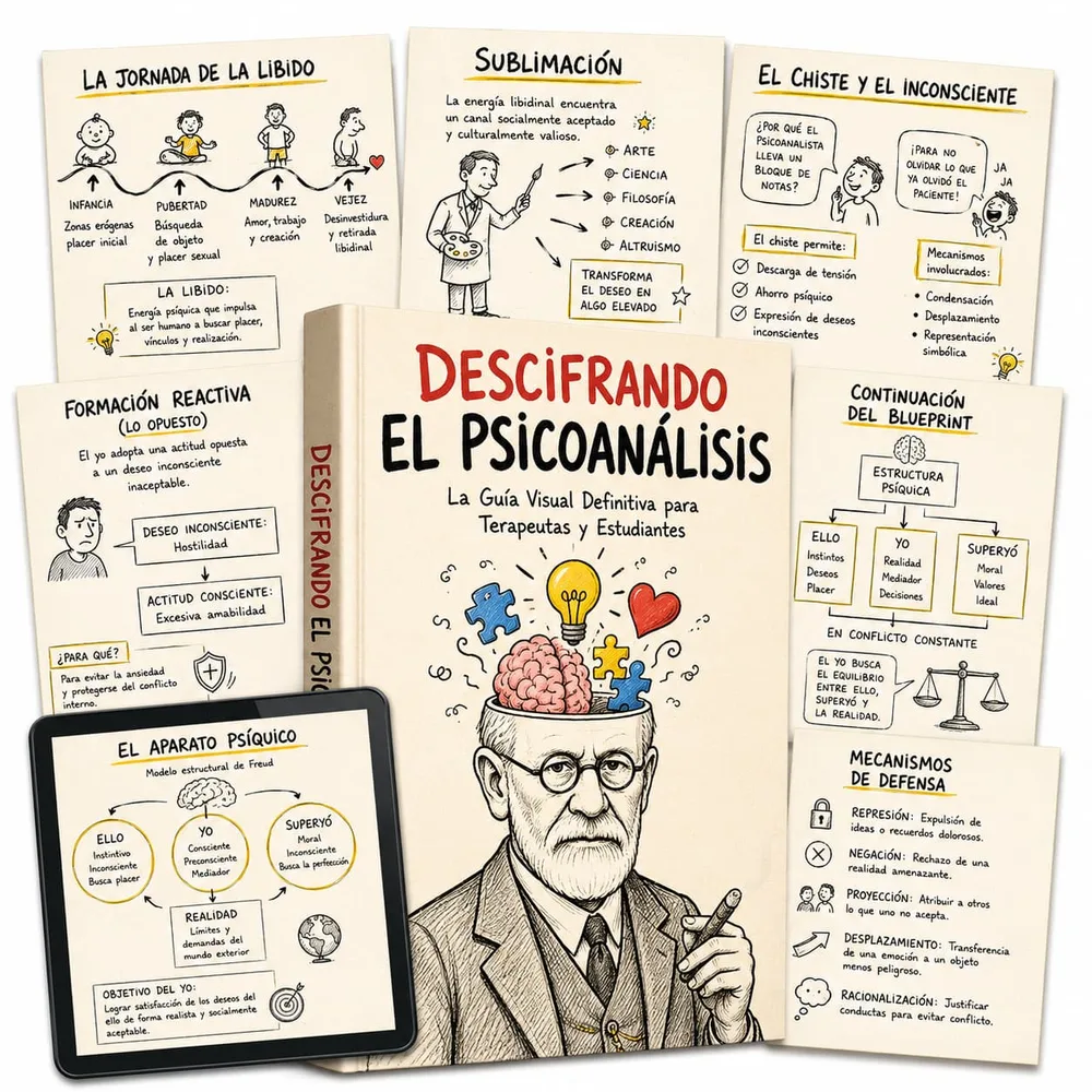 Libro Psicoanálisis Ilustrado abierto mostrando mapas mentales de Freud, estructuras clínicas y mecanismos de defensa